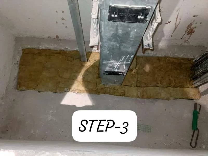 Mineral wool packed into a shaft opening before mortar